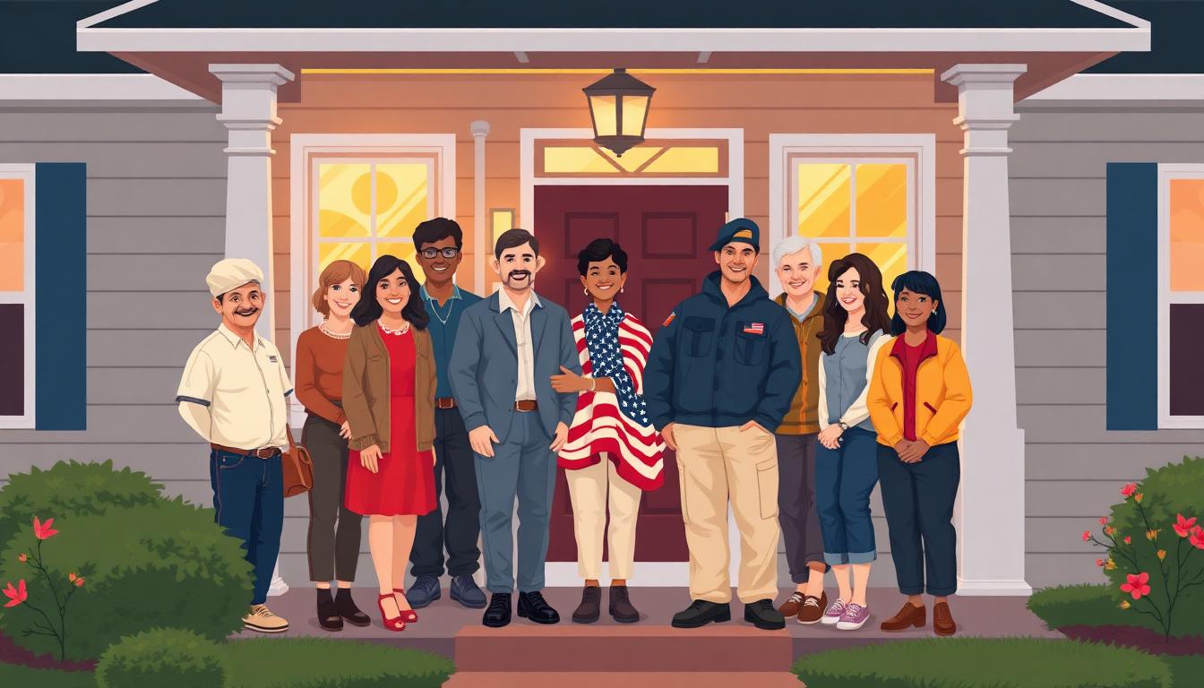 Diverse veterans and service members gathered in front of a welcoming home